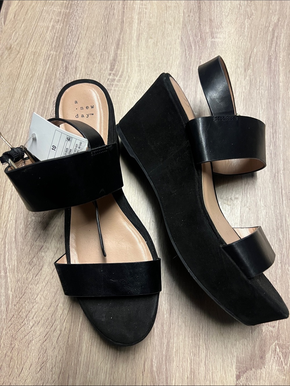 a new day Black Double-Strap Wedge Slide Sandals